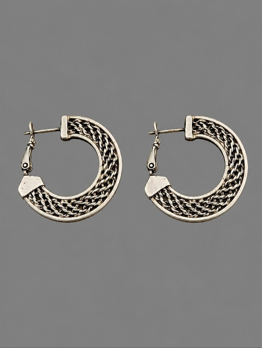VTG Pewter Basketweave Huggie Hoop Earrings